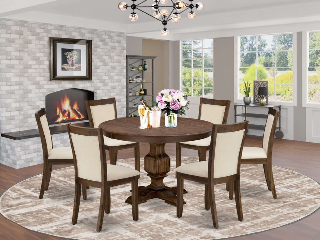 F3MZ7-AE-A5 Stylish Walnut Antique Dining Ensemble with Round Table & 6 Light Beige Chairs, 7 PC Set