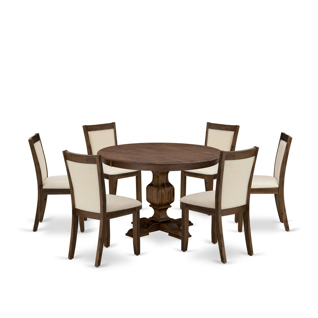 F3MZ7-AE-A5 Stylish Walnut Antique Dining Ensemble with Round Table & 6 Light Beige Chairs, 7 PC Set