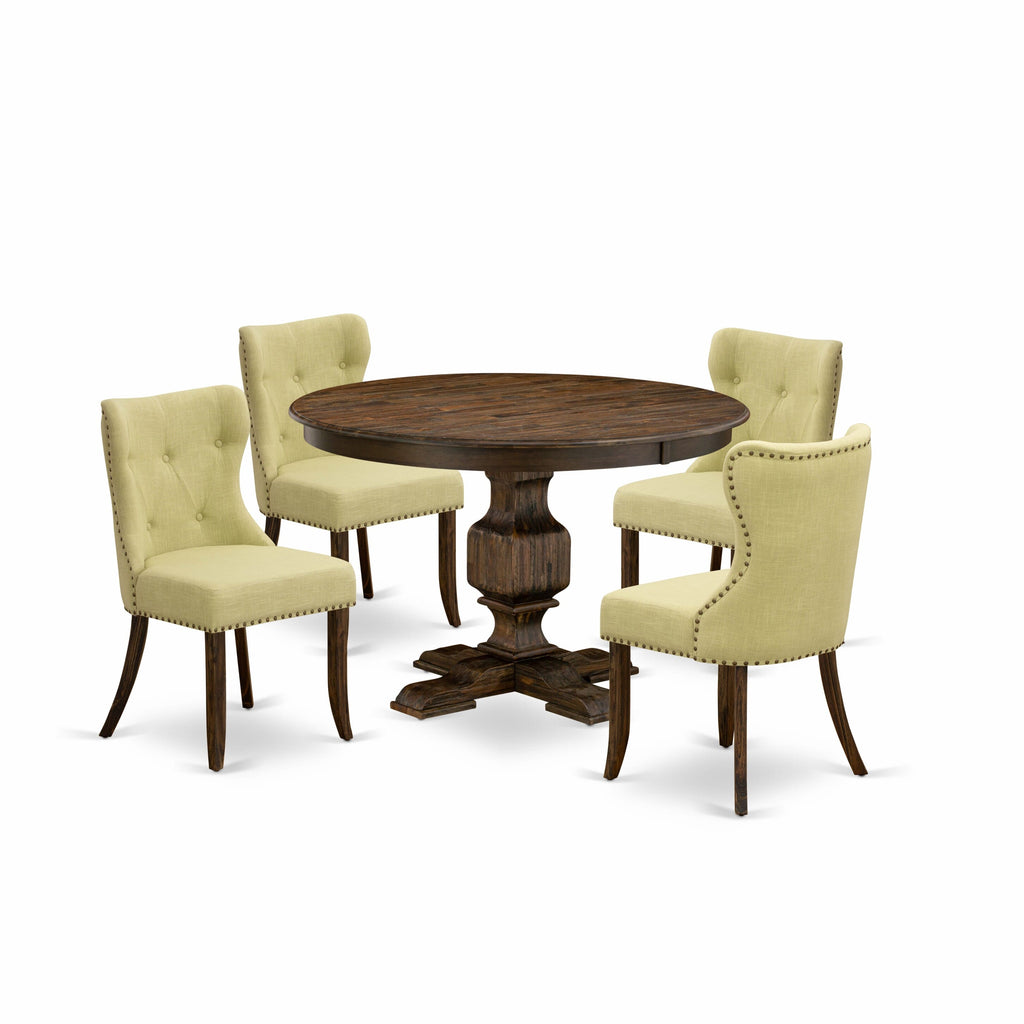 Furnishings by the Bay F3SI5-HCP 5-Piece Pedestal Dining Table Set with Linen Parson Chairs, Distressed Style