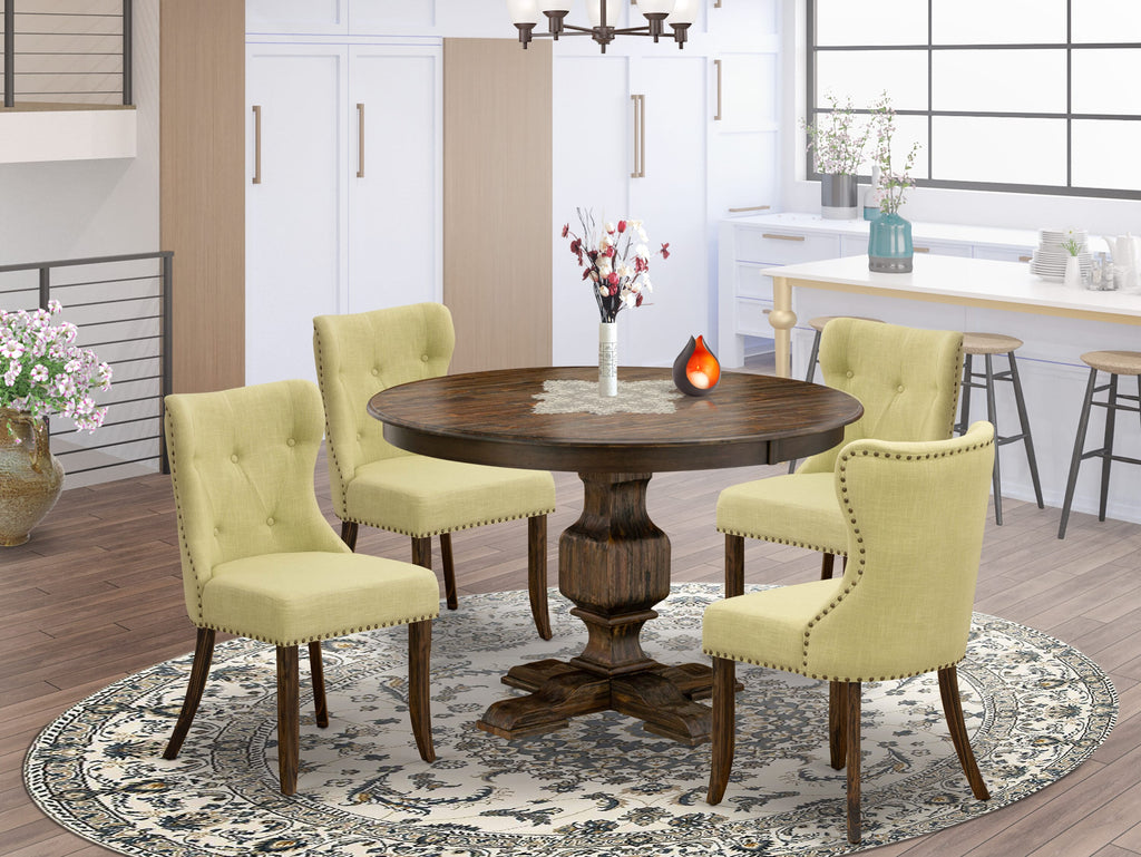 Furnishings by the Bay F3SI5-HCP 5-Piece Pedestal Dining Table Set with Linen Parson Chairs, Distressed Style