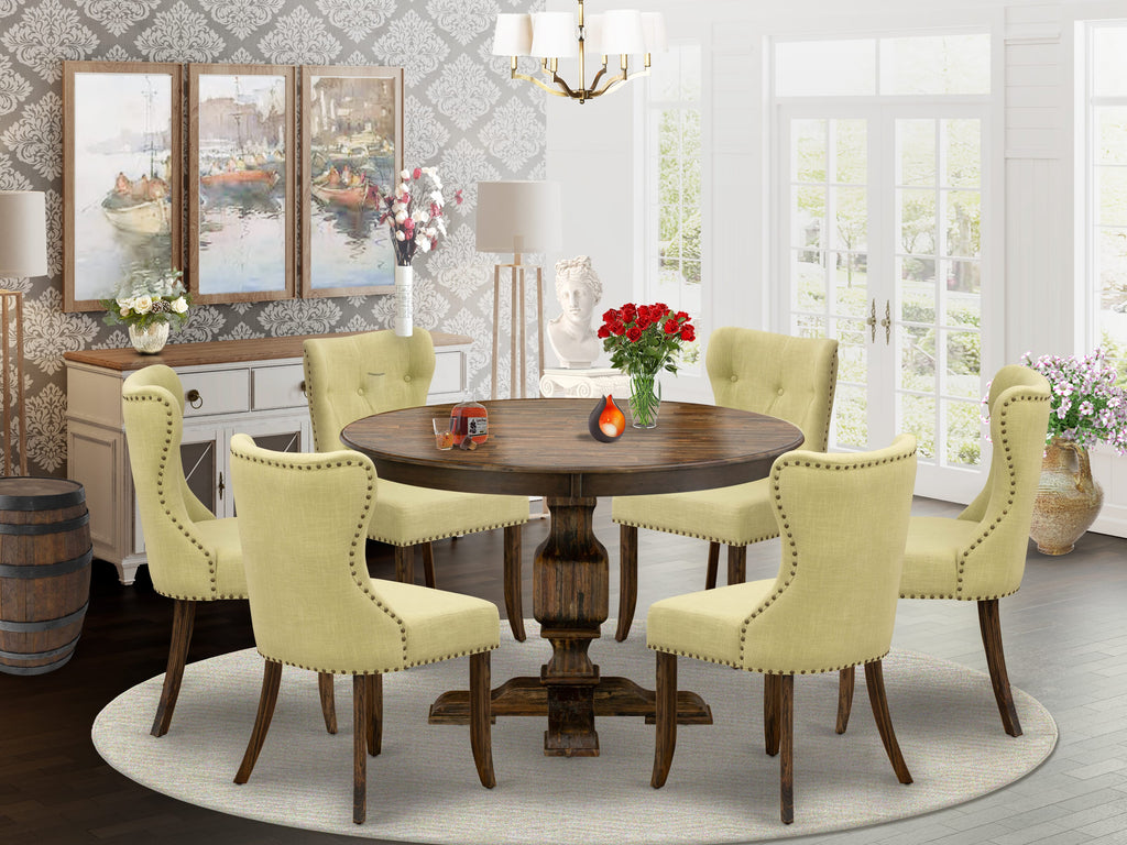 F3SI7-ER4 7-Piece Dining Ensemble with Circular Table, Pedestal, and Limelight Upholstered Chairs