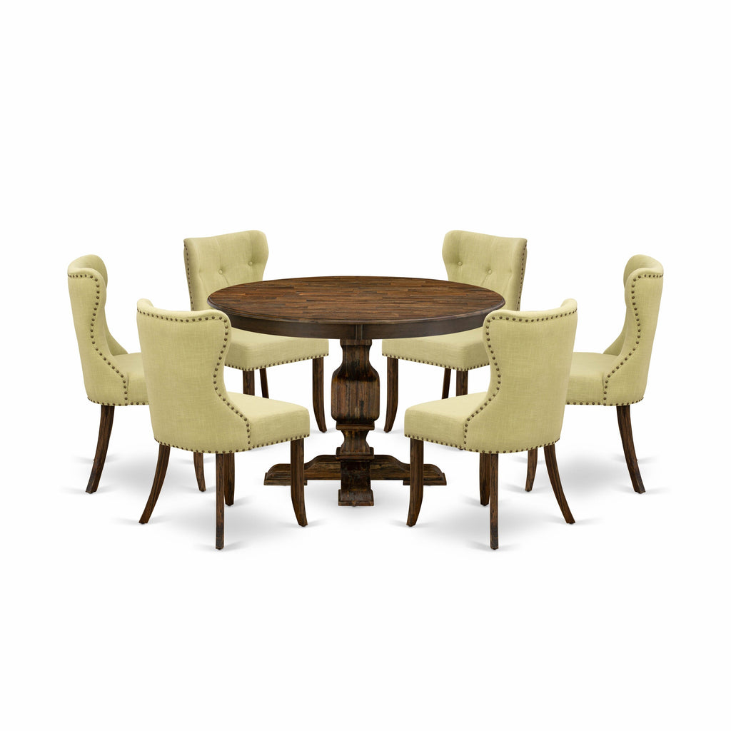 F3SI7-ER4 7-Piece Dining Ensemble with Circular Table, Pedestal, and Limelight Upholstered Chairs