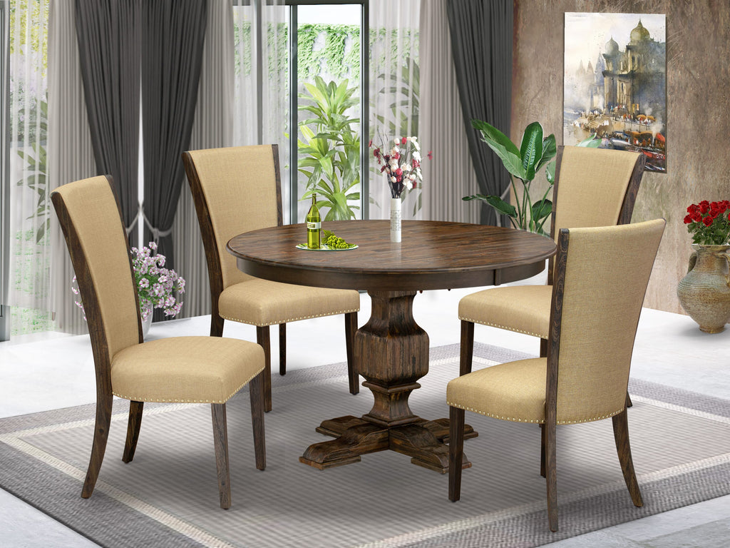 F3VE5-328 Charming 5-Piece Set Round Pedestal Dining Table and 4 Stylish Brown Upholstery Chairs, 48 Distressed Jacobean