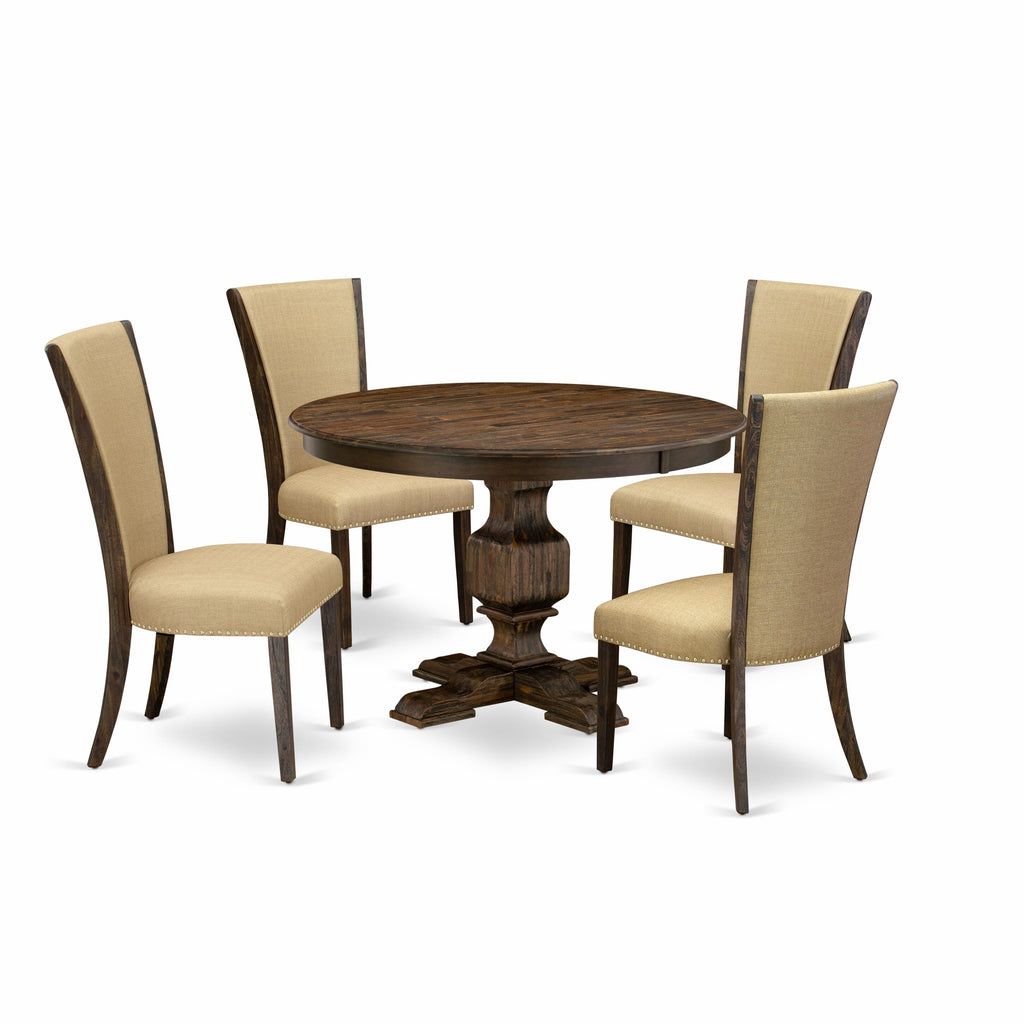 F3VE5-328 Charming 5-Piece Set Round Pedestal Dining Table and 4 Stylish Brown Upholstery Chairs, 48 Distressed Jacobean