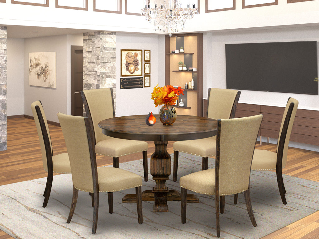 F3VE7-ZXS Enchanting 7 Piece Dining Collection Round Table with Pedestal & 6 Brown Linen Parson Chairs, 48 Distressed Jacobean