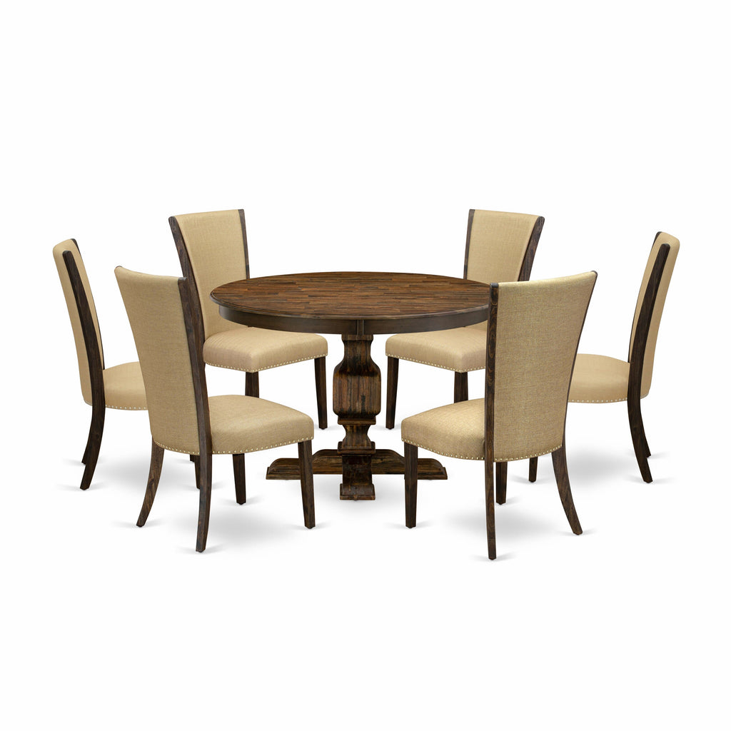 F3VE7-ZXS Enchanting 7 Piece Dining Collection Round Table with Pedestal & 6 Brown Linen Parson Chairs, 48 Distressed Jacobean