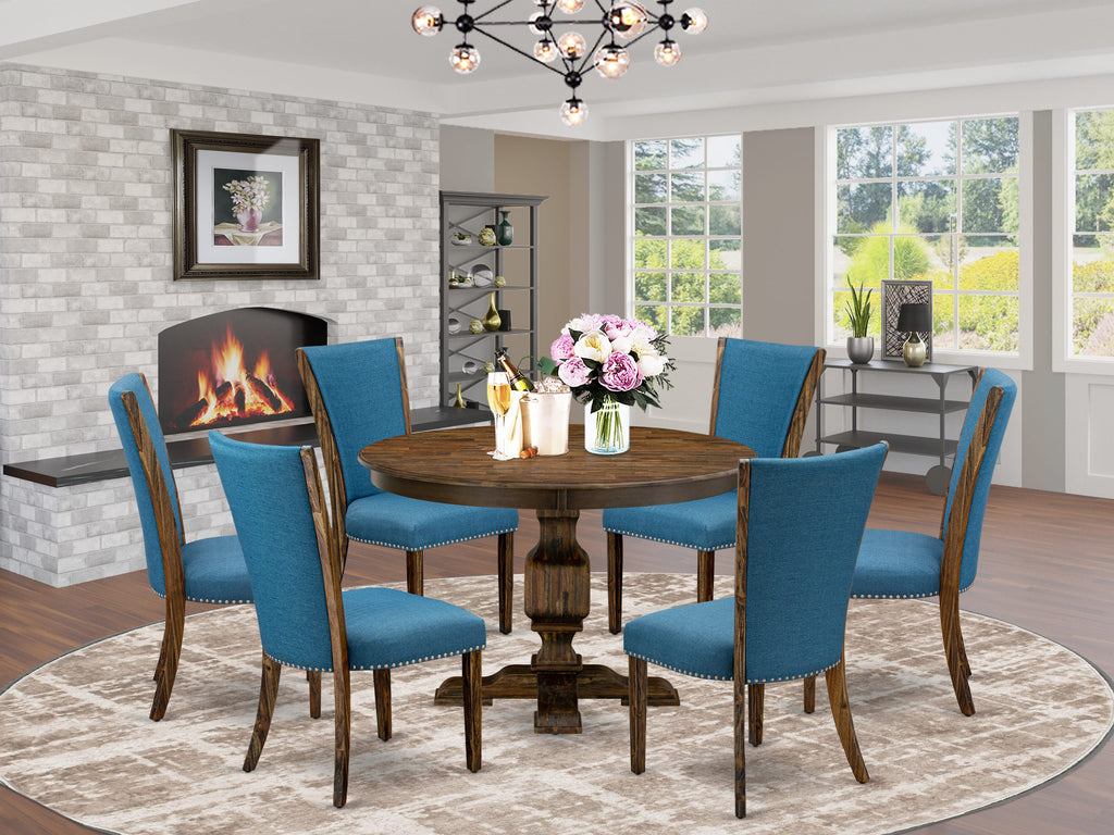 F3VE7-A83 7 Pc Dining Set Round Pedestal Table & 6 Blue Linen Parson Chairs, Distressed Jacobean, 48