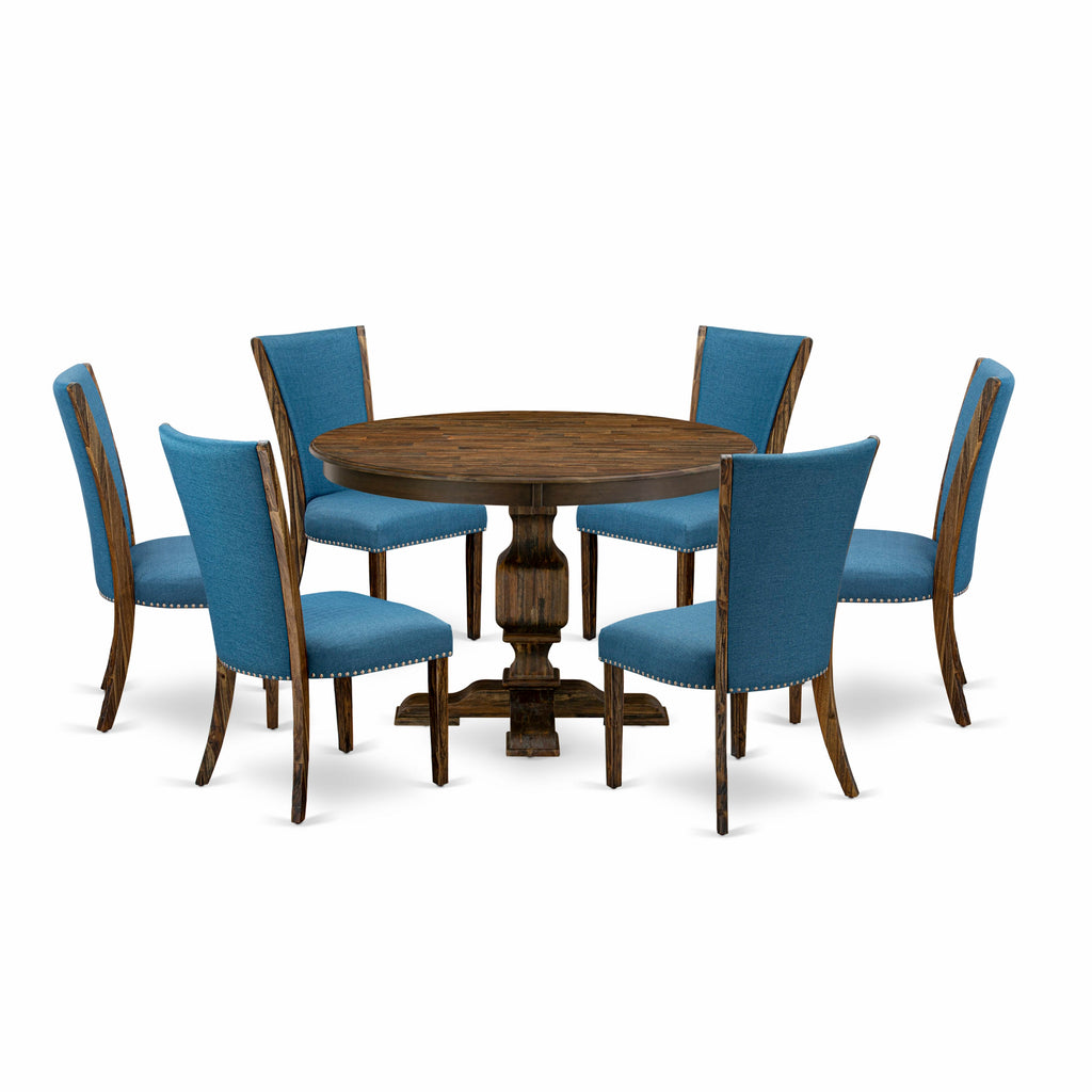 F3VE7-A83 7 Pc Dining Set Round Pedestal Table & 6 Blue Linen Parson Chairs, Distressed Jacobean, 48