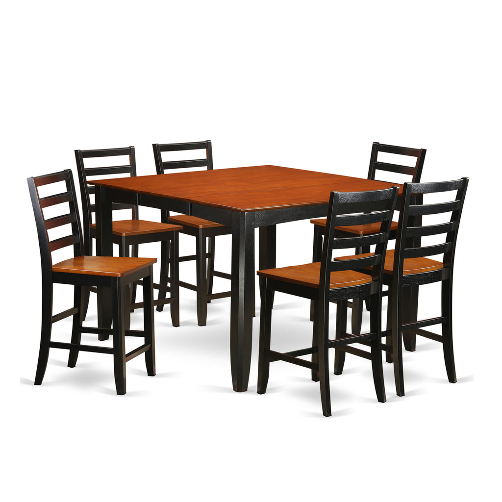 FAIR7-UKS-2 7 Piece Square Pub Table Set with Stylish Pedestal & 6 Elegant Chairs, Black & Cherry, 54x54