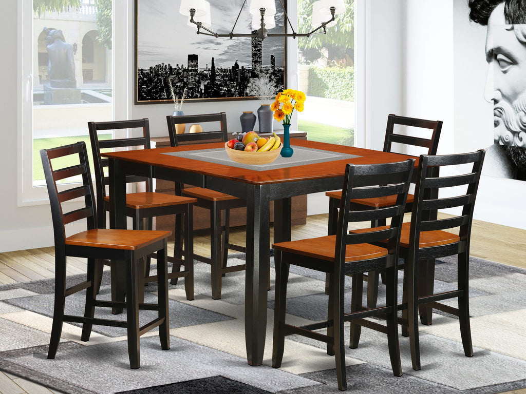 FAIR7-UKS-2 7 Piece Square Pub Table Set with Stylish Pedestal & 6 Elegant Chairs, Black & Cherry, 54x54