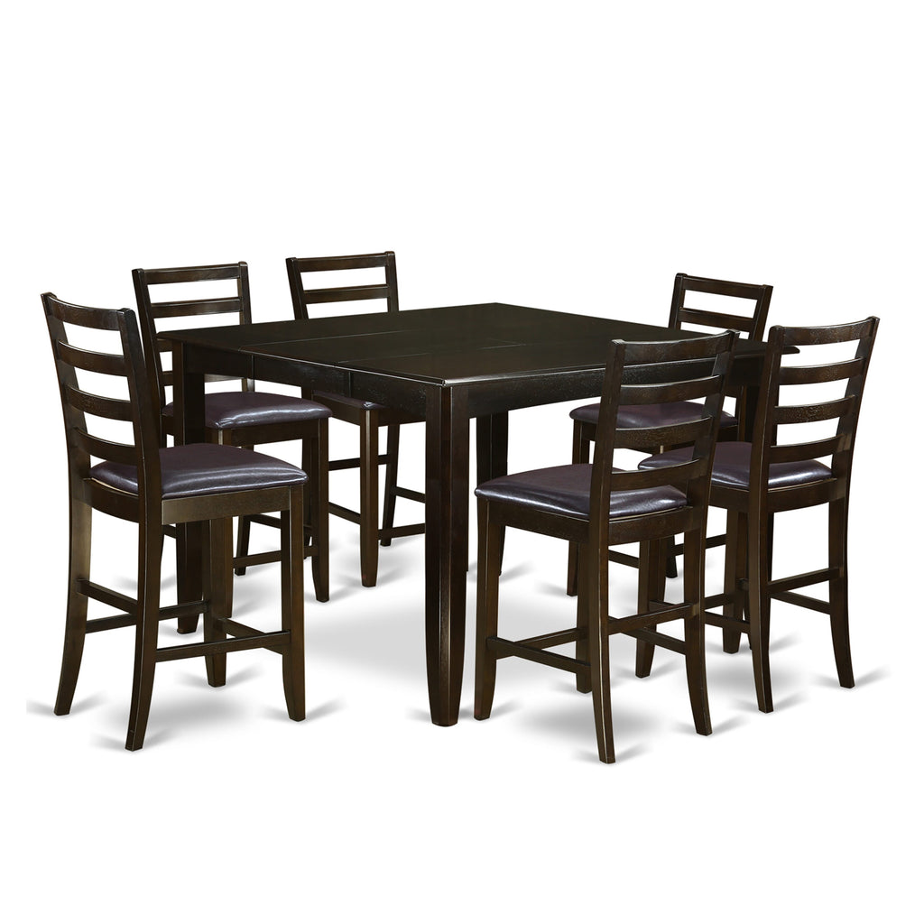 FAIR7-E3K-4V 7-Piece Counter Height Dining Ensemble with Square Table and Leather Chairs in Cozy Cappuccino Finish