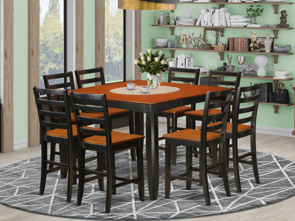FAIR9-PVK-9 Counter Height Dining Ensemble with Square Table & 8 Chairs, 54 Set, Black & Cherry Finish