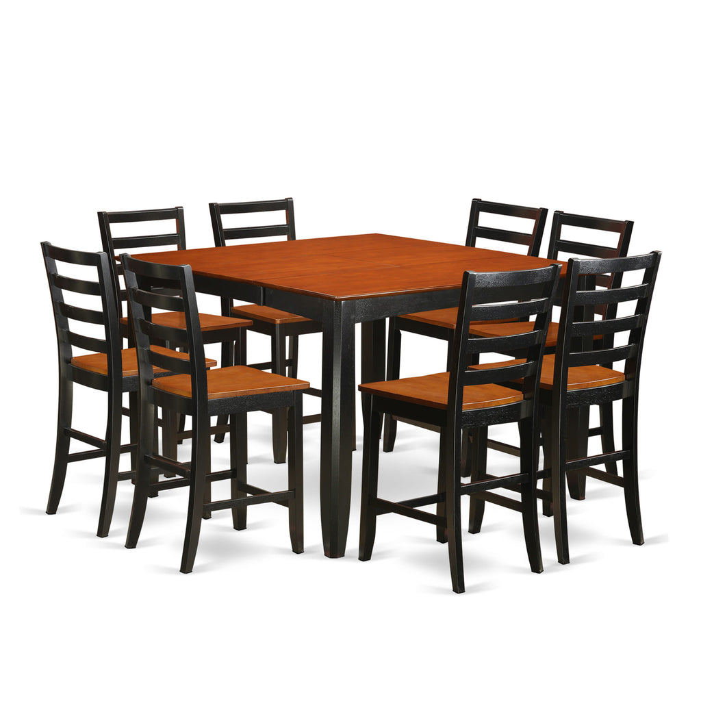 FAIR9-PVK-9 Counter Height Dining Ensemble with Square Table & 8 Chairs, 54 Set, Black & Cherry Finish