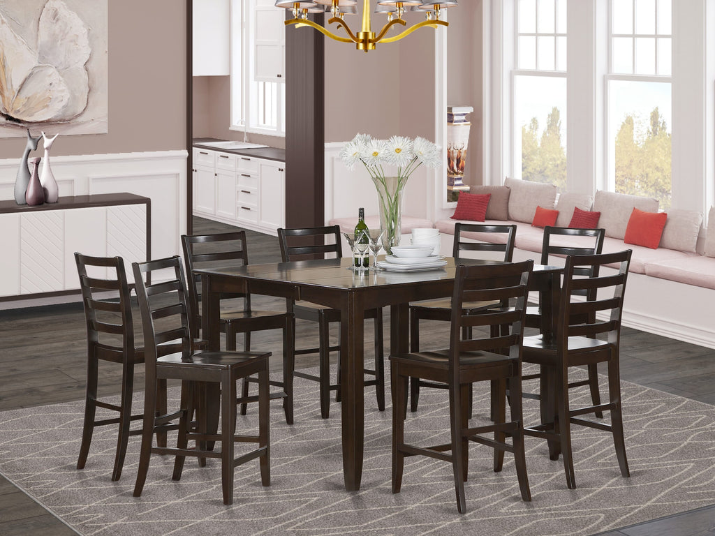 FAIR9-QTN-U Elegant 9-Piece Elevated Dining Ensemble Featuring Square Table and 8 Chairs, 54x54 Cappuccino