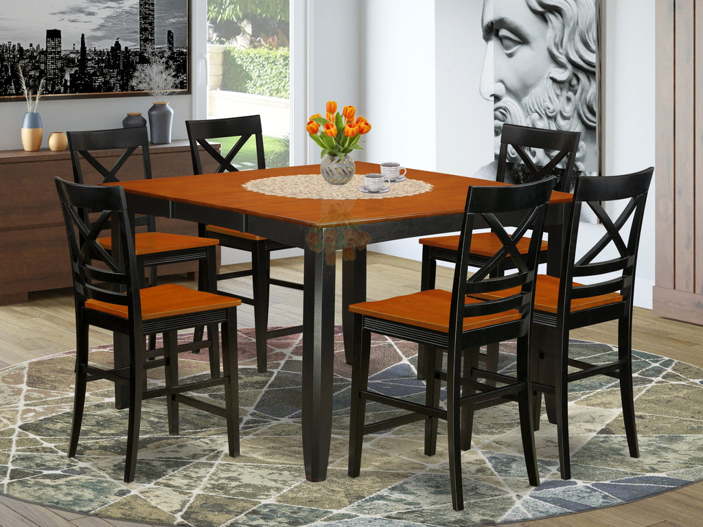 FAQU7R-89W-Z Elegant 7-Piece Square Counter Set with Pedestal and Six Matching Chairs, 54x54 Inch, Black & Cherry