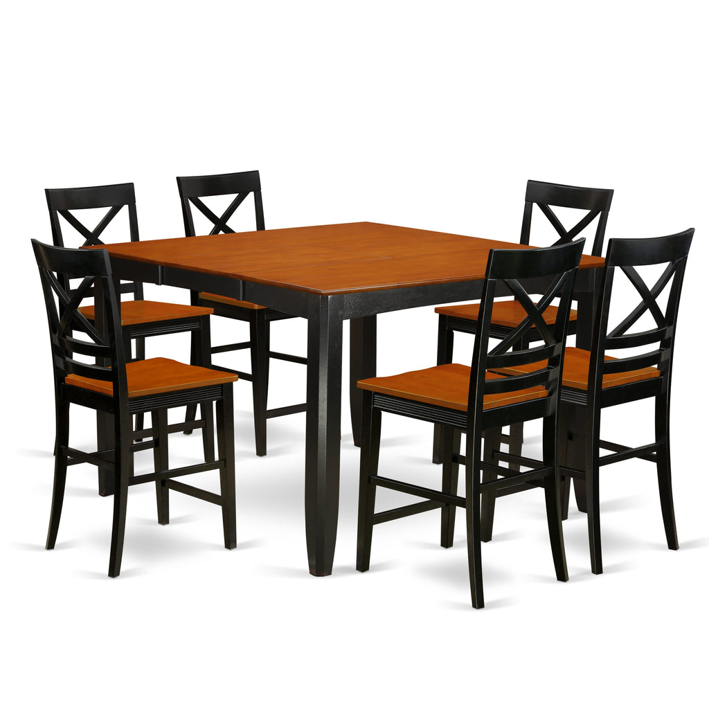 FAQU7R-89W-Z Elegant 7-Piece Square Counter Set with Pedestal and Six Matching Chairs, 54x54 Inch, Black & Cherry