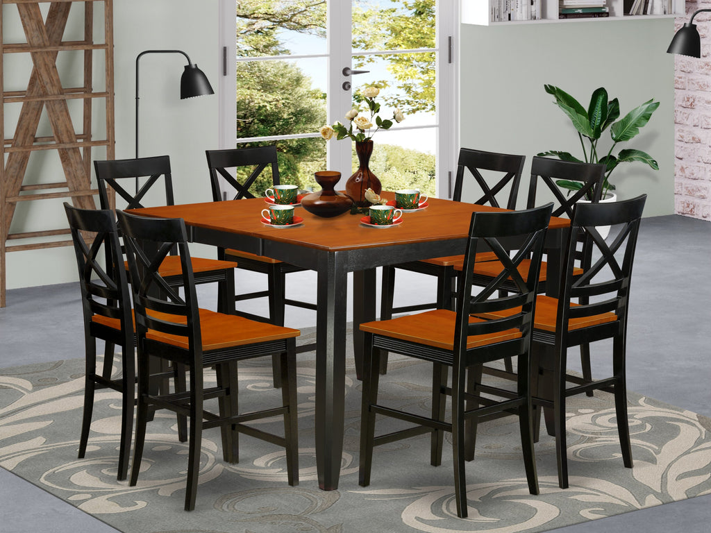 FAQU9K-FEM-P Stylish 9-Piece High Counter Square Dining Set with Pedestal and 8 Chairs, Black & Cherry