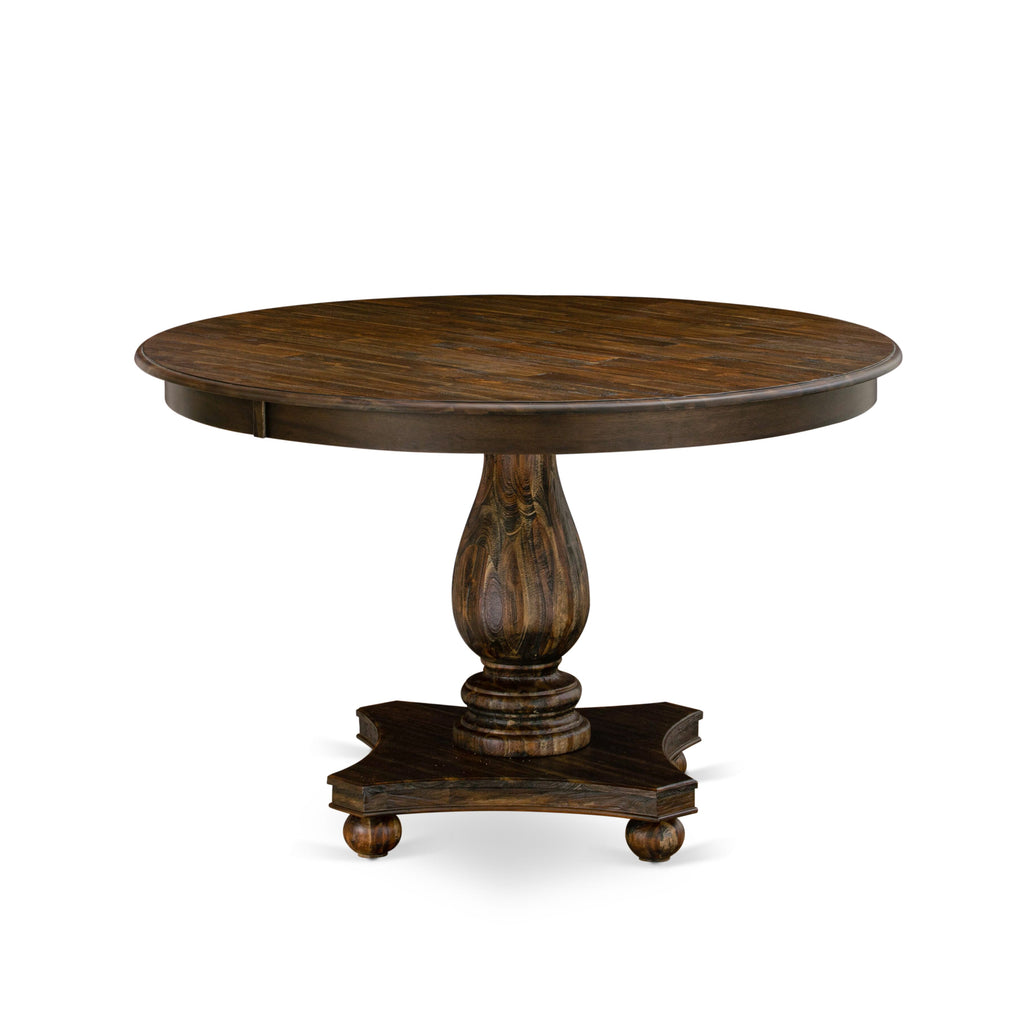 7-Piece Dining Ensemble F2VE7-XT8 Circular Table with Pedestal & 6 Brown Fabric Chairs - 48 Distressed Jacobean