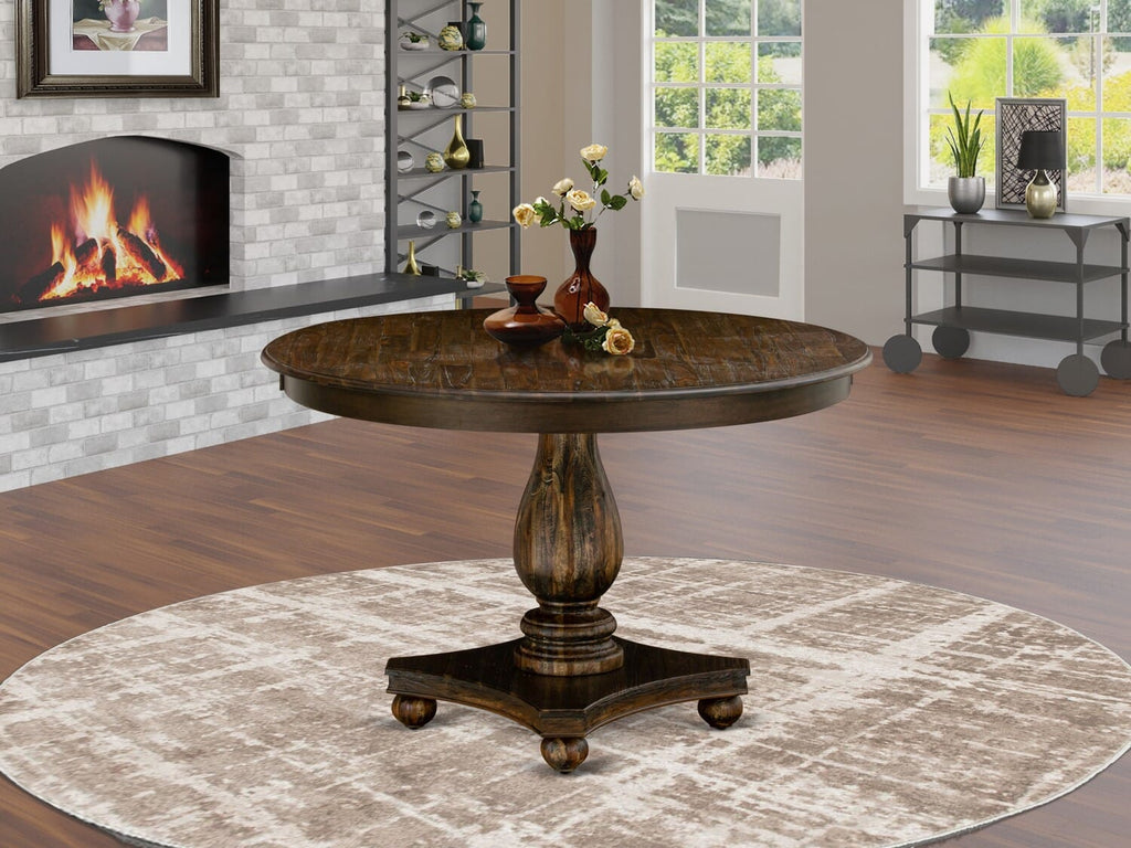 Discover the FE2-0A-X8 Dining Table - A 48 Rustic and Elegant Jacobean Round Wooden Top with Sturdy Pedestal Base