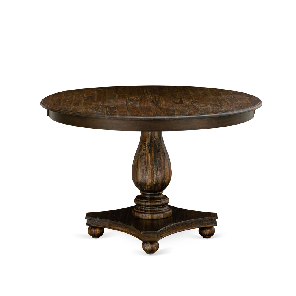 7-Piece Dining Ensemble F2VE7-XT8 Circular Table with Pedestal & 6 Brown Fabric Chairs - 48 Distressed Jacobean