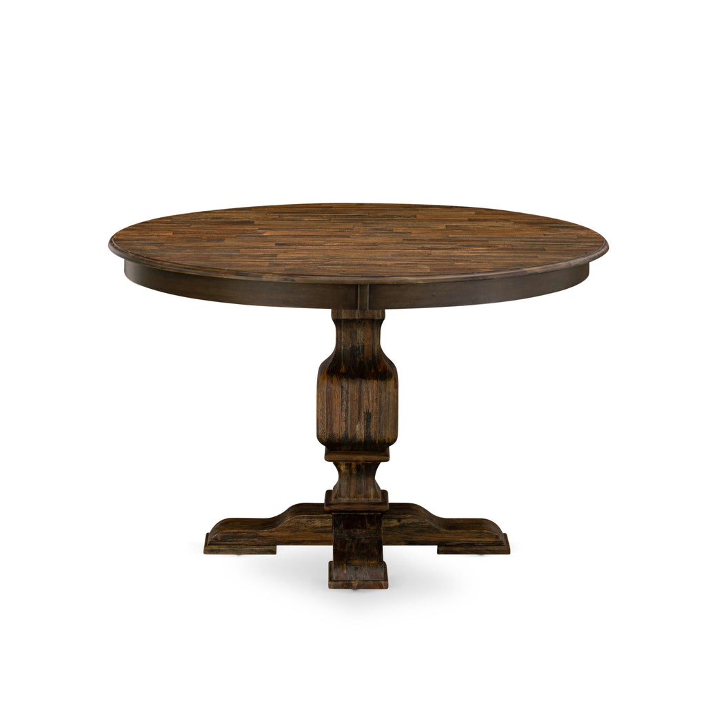 Stylish Dining Set F3AB7-8CF Featuring Round Table & 6 Elegant Linen Chairs, Distressed Finish