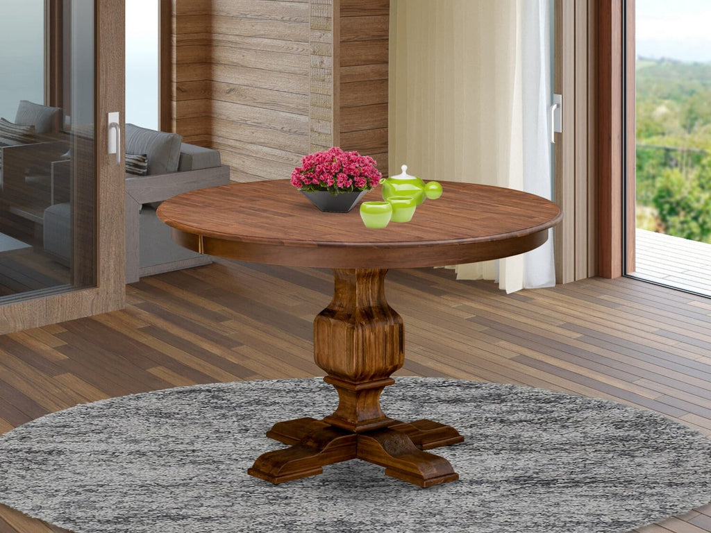 FE3-0X-65 Stylish Round Kitchen Dining Table with Pedestal Base, 48 Sandblasted Antique Walnut