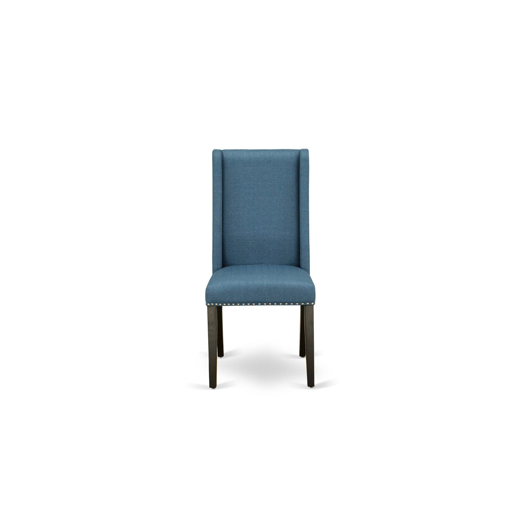 DLFL5-95R-YN 5-Piece Dining Suite with Round Table & Blue Parson Chairs - Drop Leaf Design, 42 - Black Finish