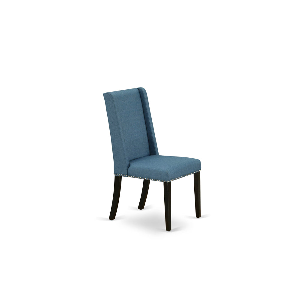 DLFL5-95R-YN 5-Piece Dining Suite with Round Table & Blue Parson Chairs - Drop Leaf Design, 42 - Black Finish