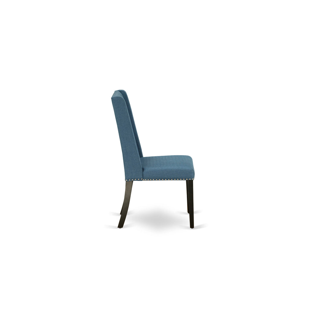 DLFL5-95R-YN 5-Piece Dining Suite with Round Table & Blue Parson Chairs - Drop Leaf Design, 42 - Black Finish