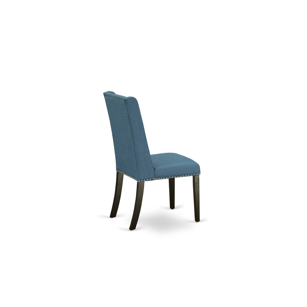 DLFL5-95R-YN 5-Piece Dining Suite with Round Table & Blue Parson Chairs - Drop Leaf Design, 42 - Black Finish