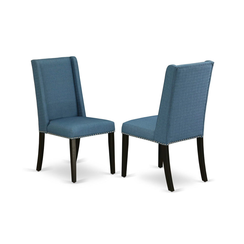 DLFL5-95R-YN 5-Piece Dining Suite with Round Table & Blue Parson Chairs - Drop Leaf Design, 42 - Black Finish