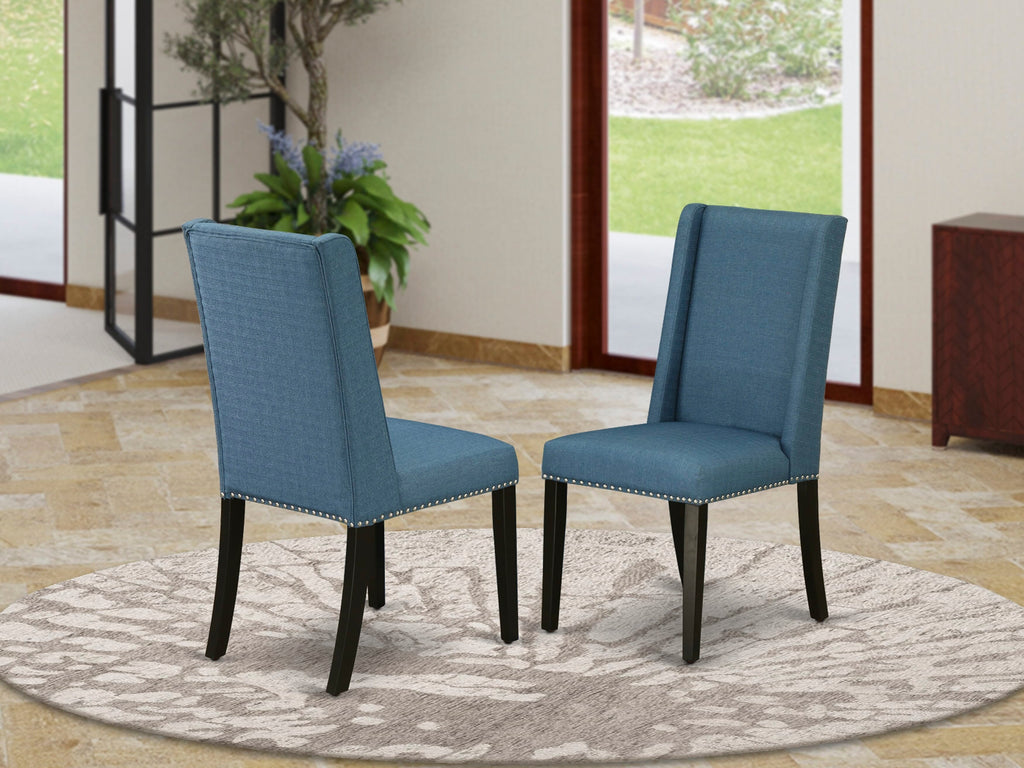 Elegant FLP1TTN Dining Chairs with Nailhead Trim and Blue Linen Upholstery, Set of 2, Black
