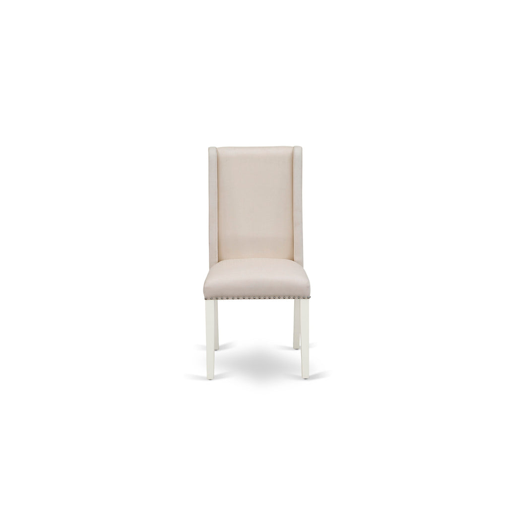 DLFL5-26B-S7 5-Piece Drop Leaf Dining Ensemble with Round Table and Cream Linen Parson Chairs, 42x42 Inch, Bright White Finish
