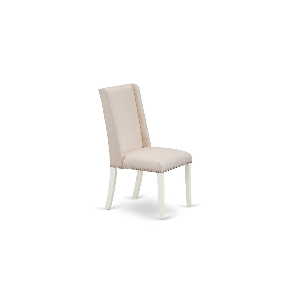 DLFL5-26B-S7 5-Piece Drop Leaf Dining Ensemble with Round Table and Cream Linen Parson Chairs, 42x42 Inch, Bright White Finish