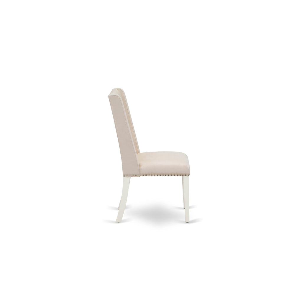 DLFL5-26B-S7 5-Piece Drop Leaf Dining Ensemble with Round Table and Cream Linen Parson Chairs, 42x42 Inch, Bright White Finish