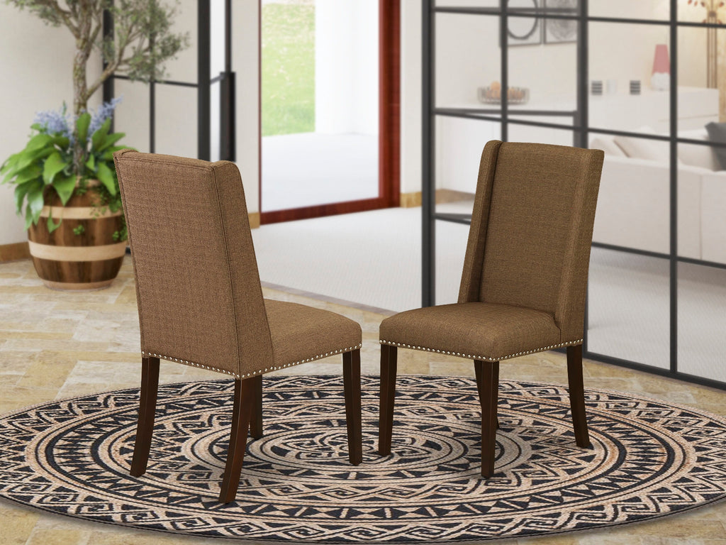 FLP3T9J Elegant Mahogany Parson Dining Chairs with Nailhead Detail, Brown Linen Upholstery, Set of Two