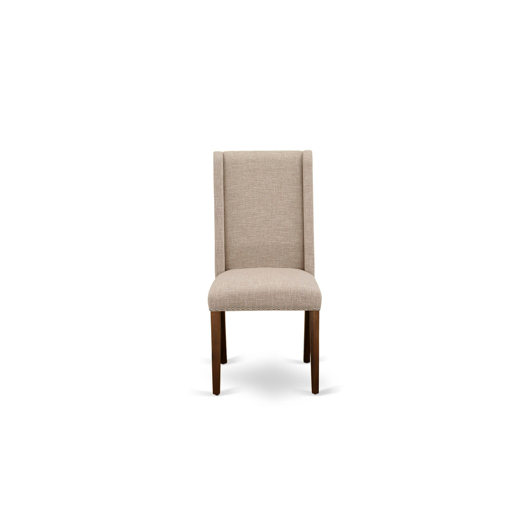 LAFL7-0Z-58 Dining Set Rectangle Table with Expandable Butterfly Leaf and 6 Light Tan Upholstered Chairs, 42x92 Jacobean Finish