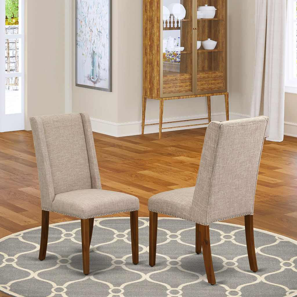 FLP8TFN Elegant Linen Dining Chairs with Nailhead Trim and Classic Walnut Finish - Set of 2 in Light Tan Fabric