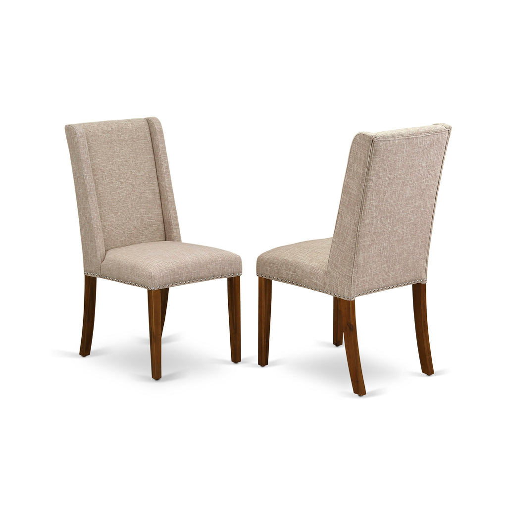 LAFL7-0Z-58 Dining Set Rectangle Table with Expandable Butterfly Leaf and 6 Light Tan Upholstered Chairs, 42x92 Jacobean Finish