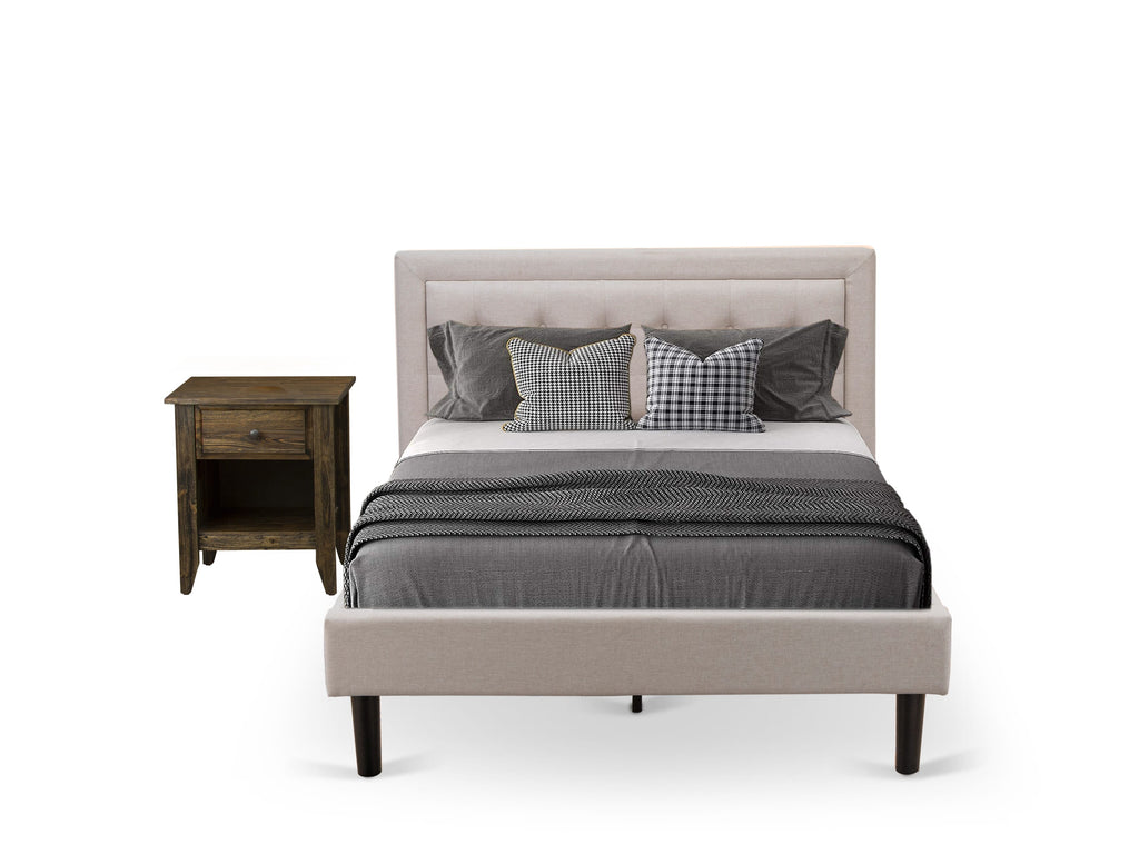 FN08F-8QEEF 2-Piece Bedroom Ensemble with Wooden Bedframe & Nightstand in Mist Beige Linen Fabric for Long-Lasting Elegance