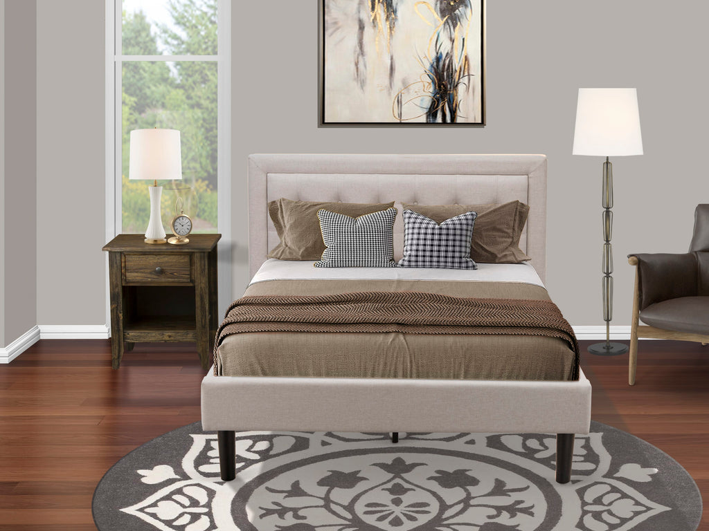 FN08F-8QEEF 2-Piece Bedroom Ensemble with Wooden Bedframe & Nightstand in Mist Beige Linen Fabric for Long-Lasting Elegance