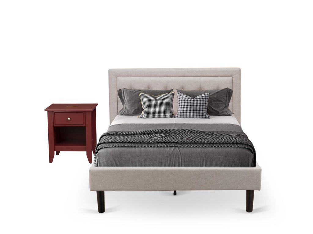 FN08F-RNOOC Mist Beige Bed with Mid-Century Side Table Long-Lasting Platform Frame and Nightstand Set