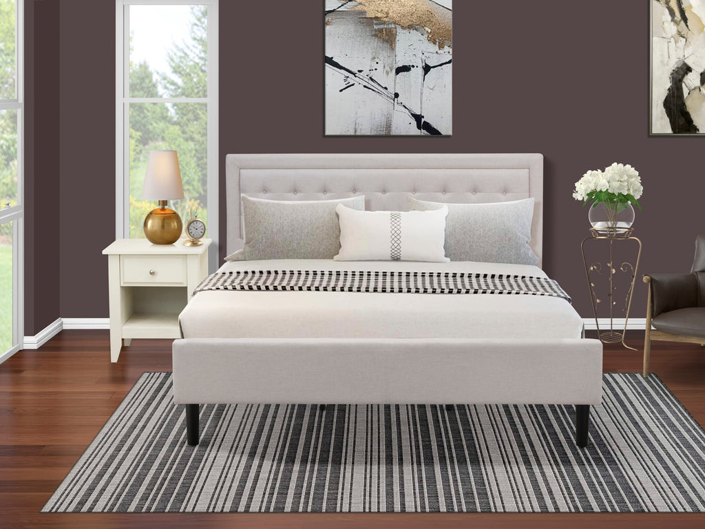 FN08K-LA8HY King Size Linen-Fabric Mist Beige Bed with Classic Walnut Side Table - Durable and Elegant 2-Piece Set