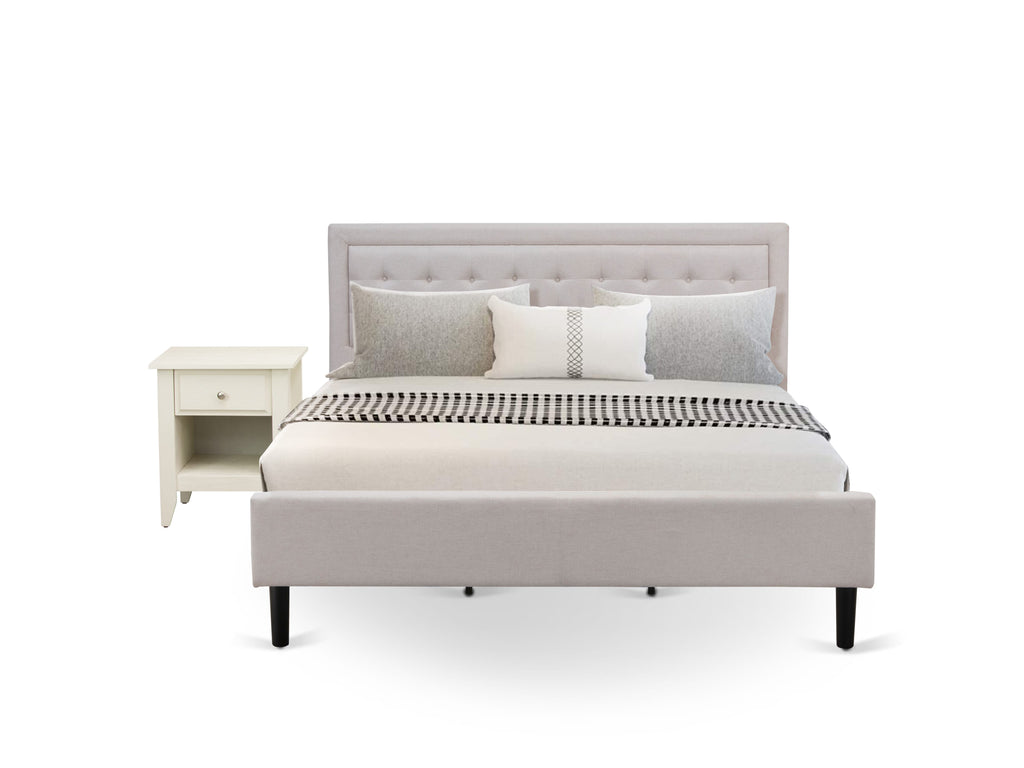 FN08K-LA8HY King Size Linen-Fabric Mist Beige Bed with Classic Walnut Side Table - Durable and Elegant 2-Piece Set