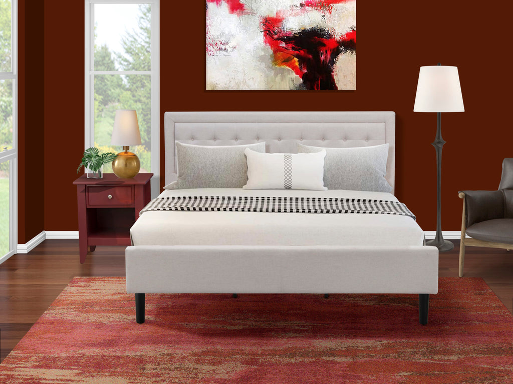 FN08K-SE82U 2-Piece Bedroom Furniture Set Featuring a Luxe King Bedframe with Burgundy Side Table - Durable Mist Linen Bed in Beige Finish