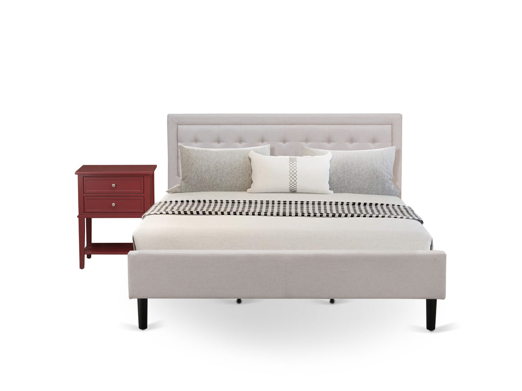 FN08K-PQ7DE Two-Furniture Bedroom Collection with Fannin Design, Bedframe & Retro Nightstand - High-Quality Craftsmanship in Mist Beige Upholstery
