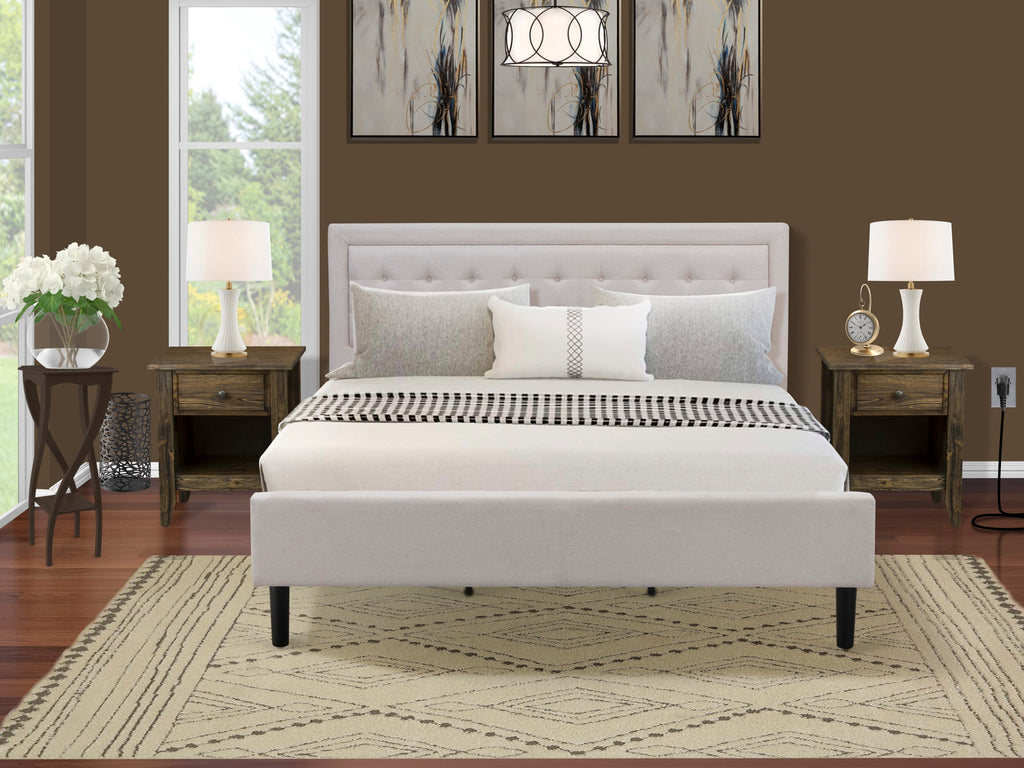 FN08K-UK9IO 3-Piece Bedroom Ensemble King Platform Bed & Twin Nightstands Durable Mist Beige Style