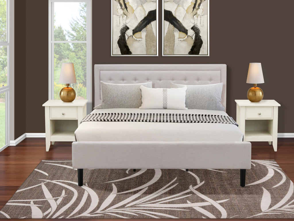 FN08K-X5K07 Trio of Comfort King Size Bed Frame with Complementary Mid-Century Nightstands in Mist Beige Linen