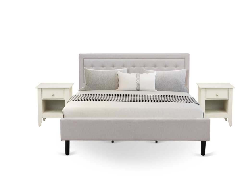 FN08K-X5K07 Trio of Comfort King Size Bed Frame with Complementary Mid-Century Nightstands in Mist Beige Linen
