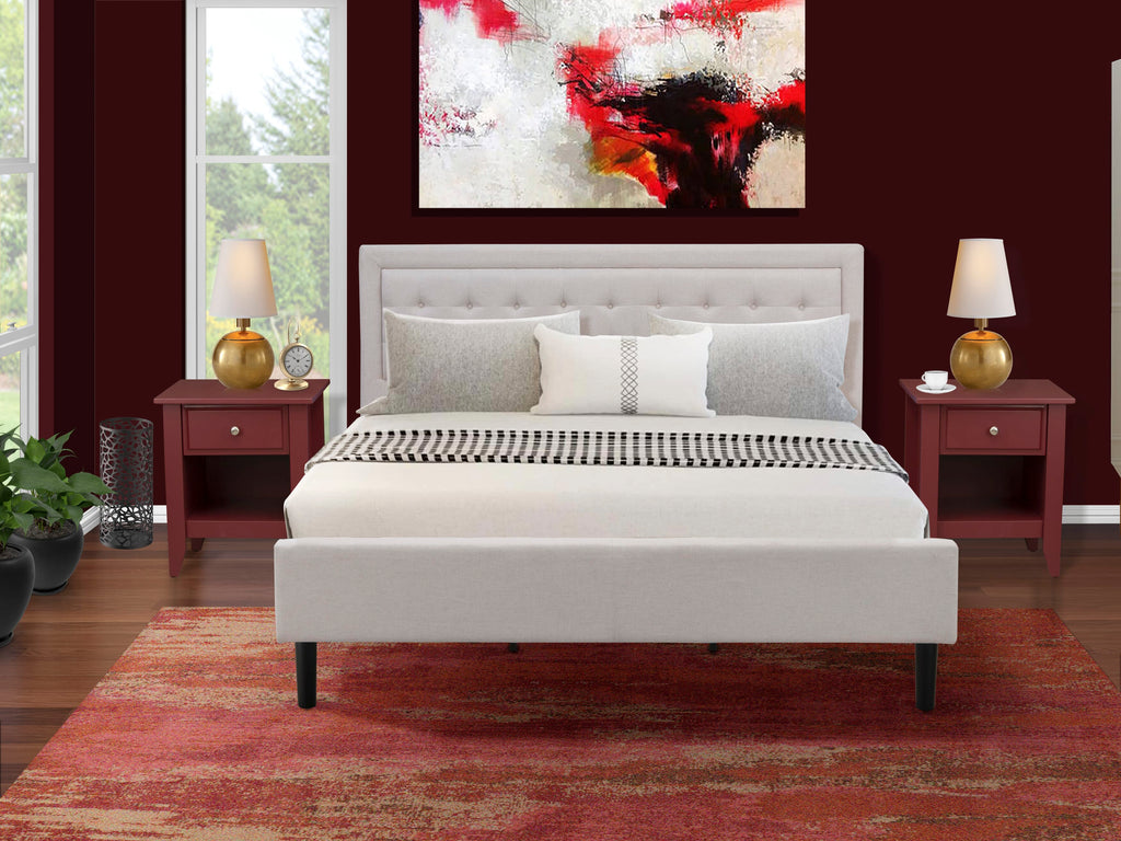 FN08K-9HYEM 3-Piece Bedroom Ensemble with King Bed & Duo Nightstands in Mist Beige Linen Elegance